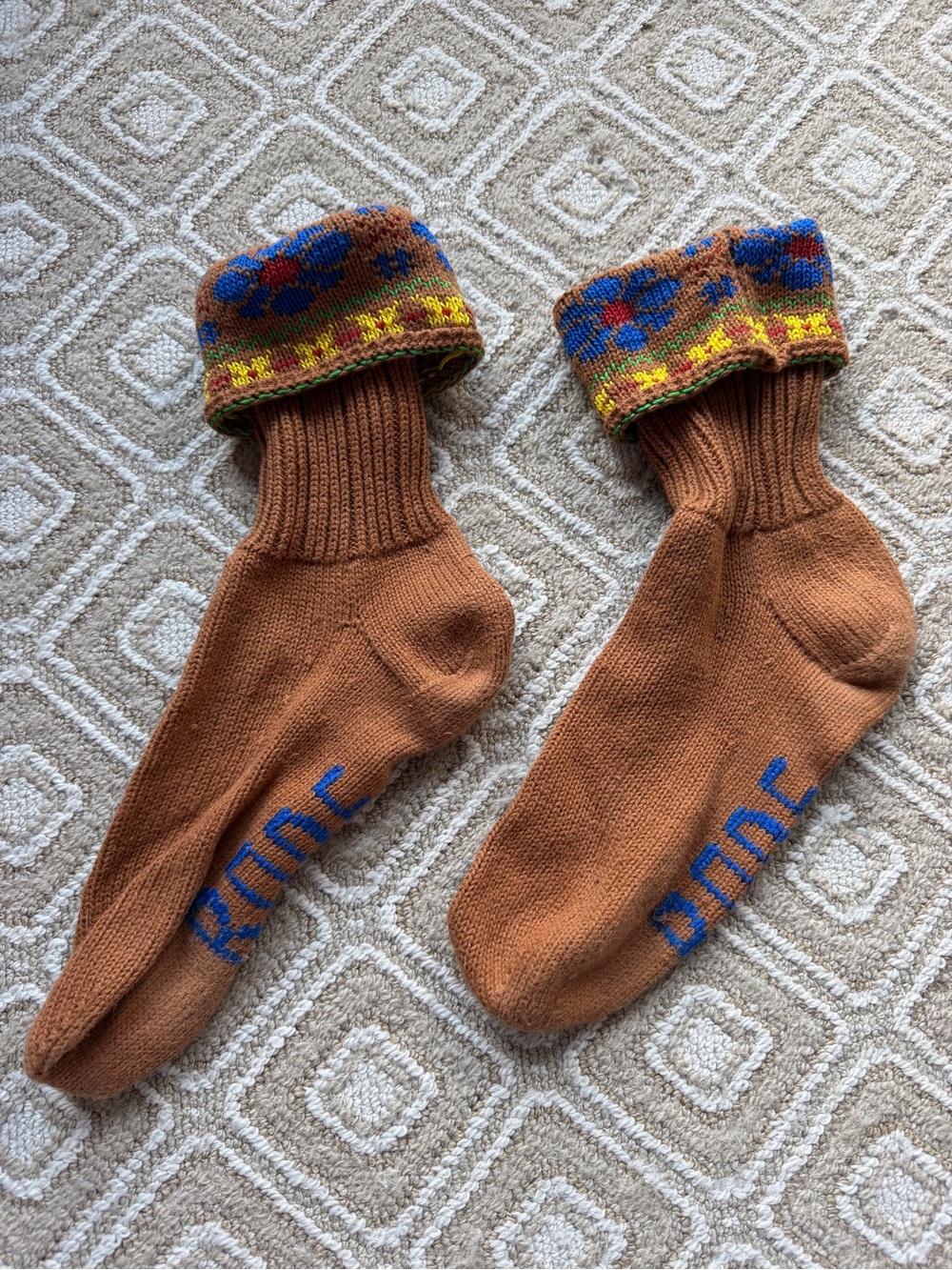 BODE Brown Fold-Over Statement Crew Socks with Colorful Floral Cuff
